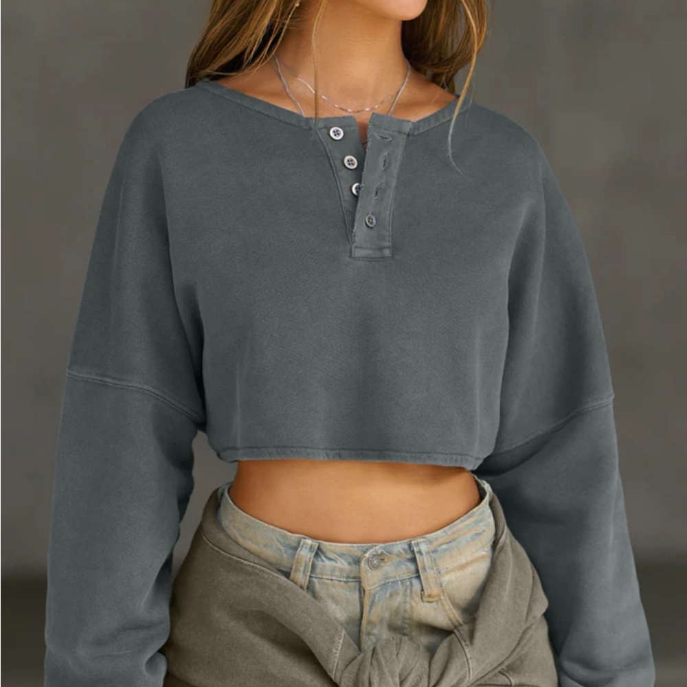 Joah brown Henley cropped sweatshirt